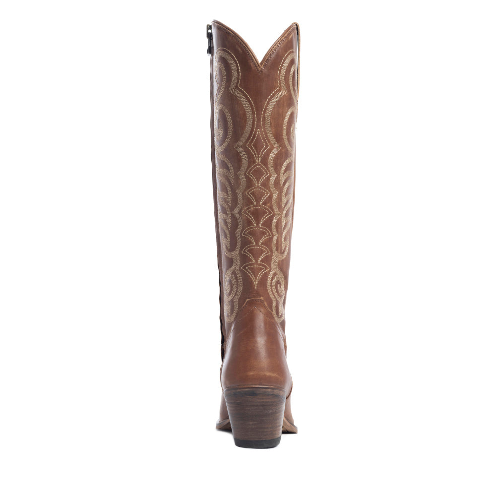 Myra Nalejandra Mocha Brown Leather Boots for Women - Embroidered Tall Western Heels with Pointed Toe for Festive Country Style
