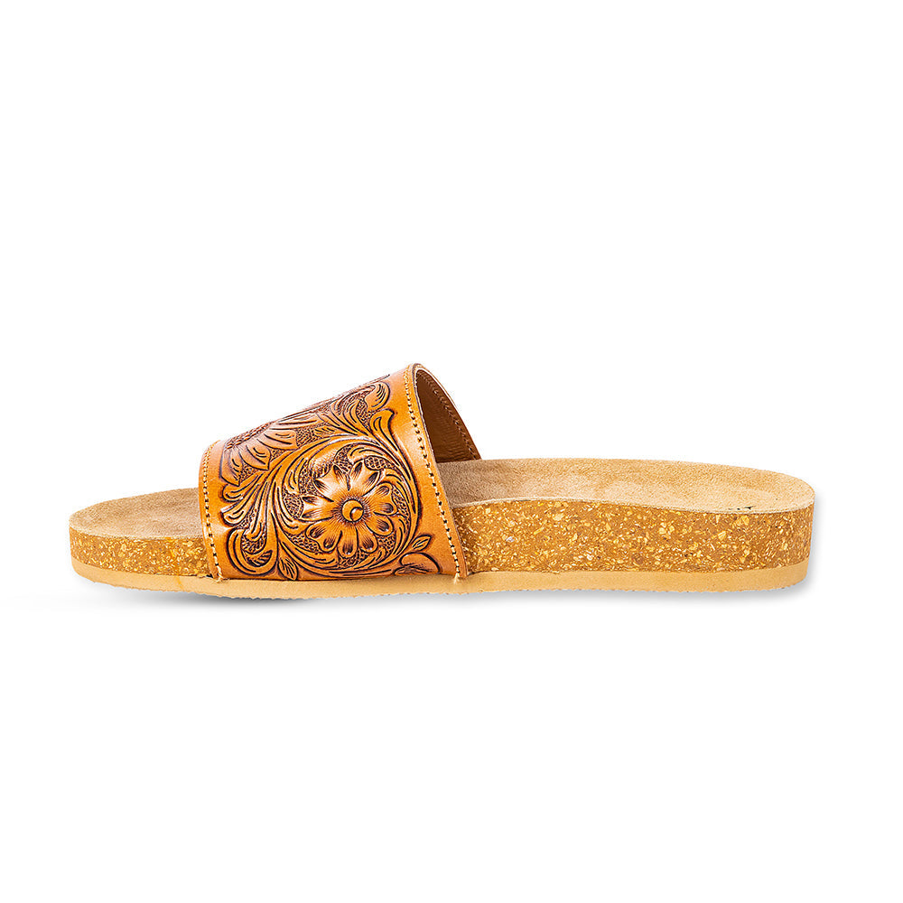 Myra Dottie Handtooled Leather Slide Sandals for Women â€“ Floral Western Tooling with Cork Sole for Casual Comfort