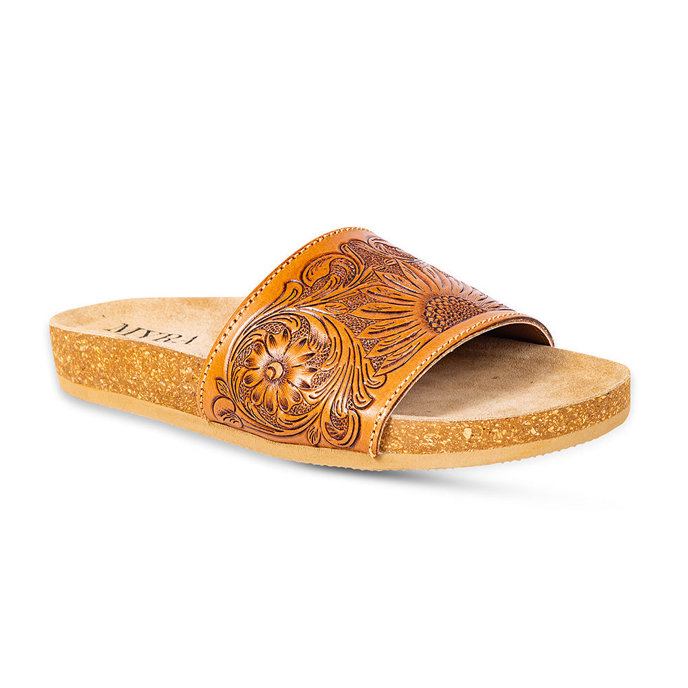 Myra Dottie Handtooled Leather Slide Sandals for Women â€“ Floral Western Tooling with Cork Sole for Casual Comfort