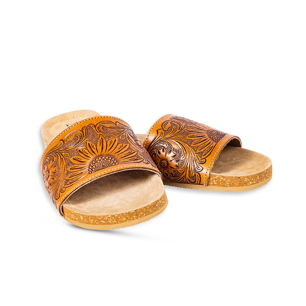 Myra Dottie Handtooled Leather Slide Sandals for Women â€“ Floral Western Tooling with Cork Sole for Casual Comfort