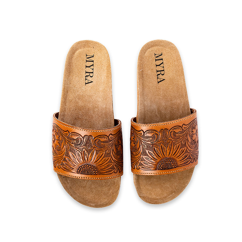 Myra Dottie Handtooled Leather Slide Sandals for Women â€“ Floral Western Tooling with Cork Sole for Casual Comfort