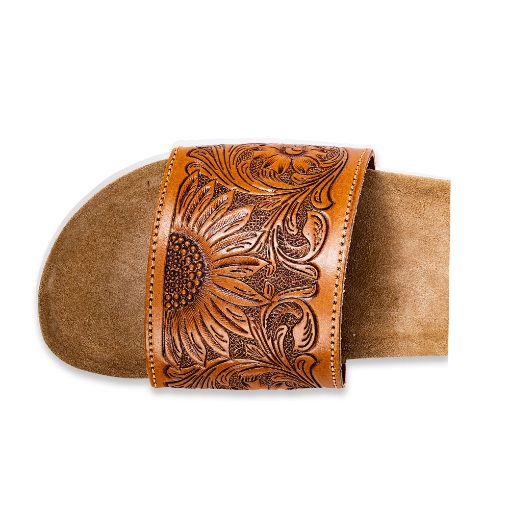 Myra Dottie Handtooled Leather Slide Sandals for Women â€“ Floral Western Tooling with Cork Sole for Casual Comfort